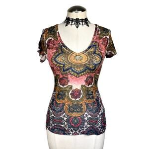 Mossimo Y2K Sheer Mandala Pattern Boho Hippie Summer Earthy Baby Tee Size Small